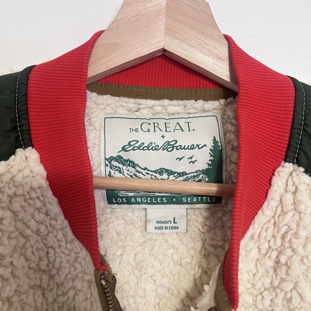 THE GREAT x Eddie Bauer Colorblock Sherpa Fleece Jacket Women’s L Zip Up Outdoor - Picture 4 of 9
